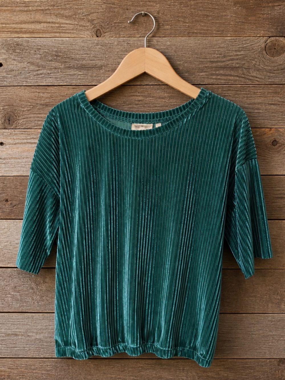 Dantelle Pleated Velvet Short Sleeve Top in Teal Green